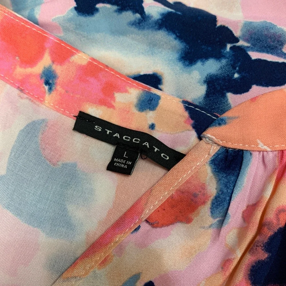 Staccato Pink Blue Floral Tiered Halter V-Neck Rayon Dress Size Large‎ 71397A